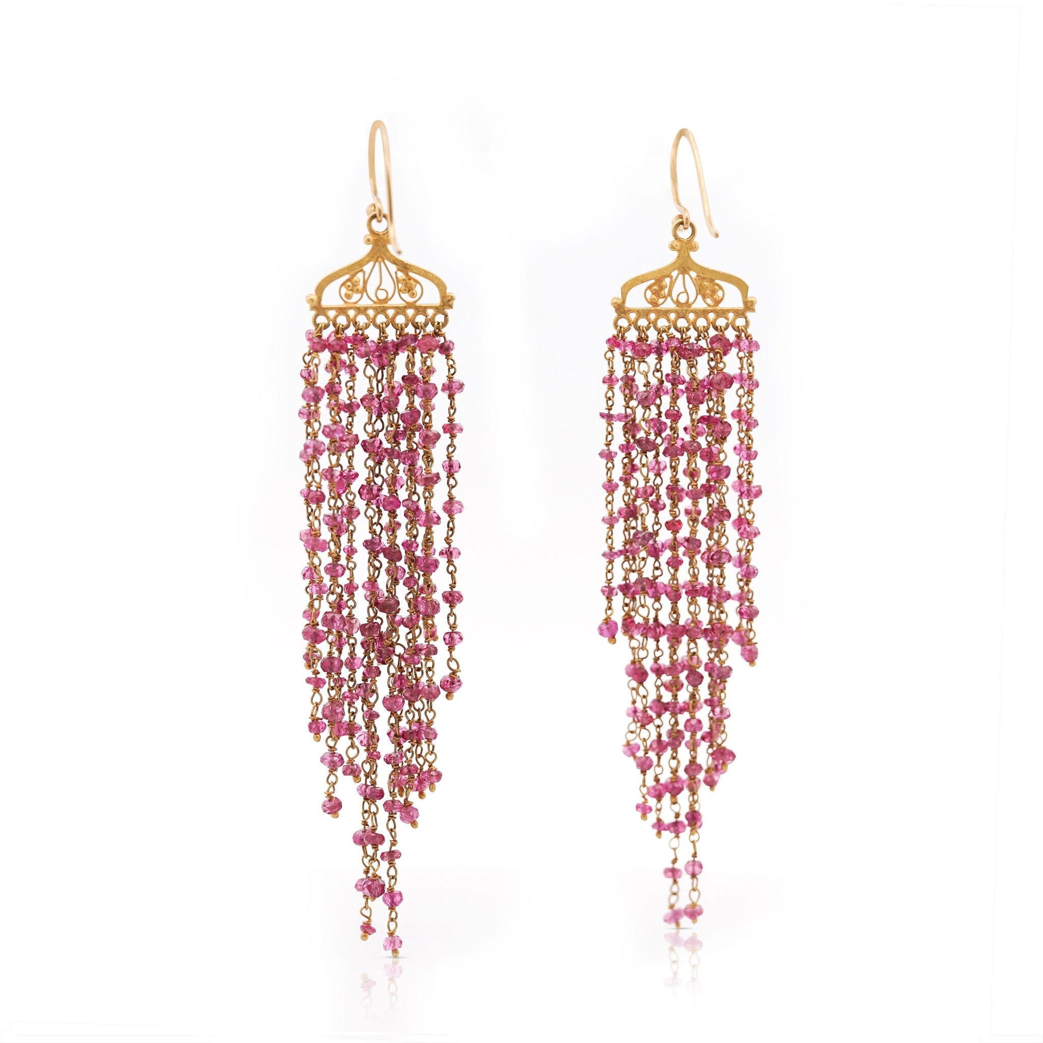 Vintage 22K Gold Pink Tourmaline Bead Indian Chandelier Drop Earrings