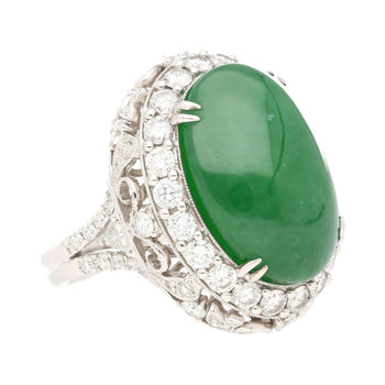 Vintage 24 Carat Oval Cabochon Jade and Round Diamond Floral Pattern Ring – Assay Jewelers