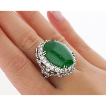 Vintage 24 Carat Oval Cabochon Jade and Round Diamond Floral Pattern Ring – Assay Jewelers