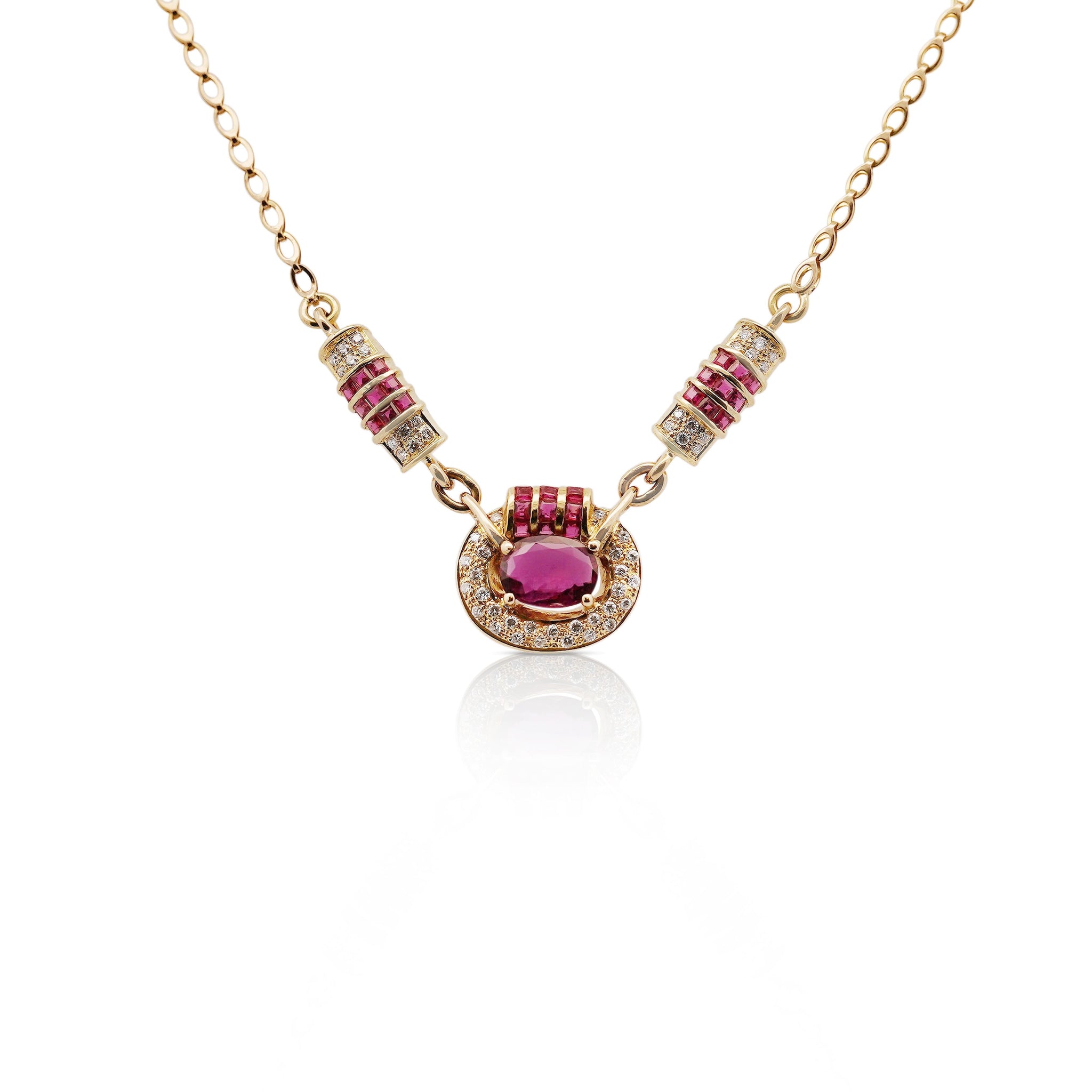Vintage 2.70 Carat Oval Cut Ruby & Diamond 14K Gold Retro Pendant Necklace