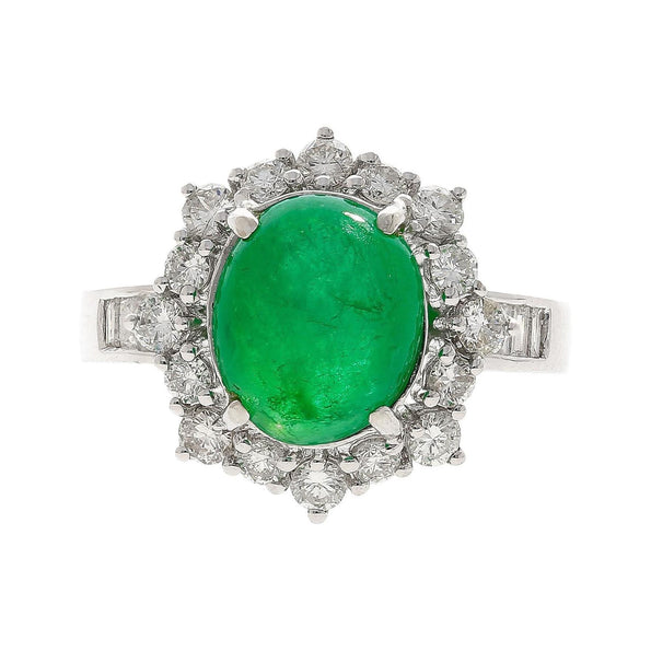 Vintage 3.32 Carat Cabochon Emerald and Diamond Halo Ring in 14K White Gold