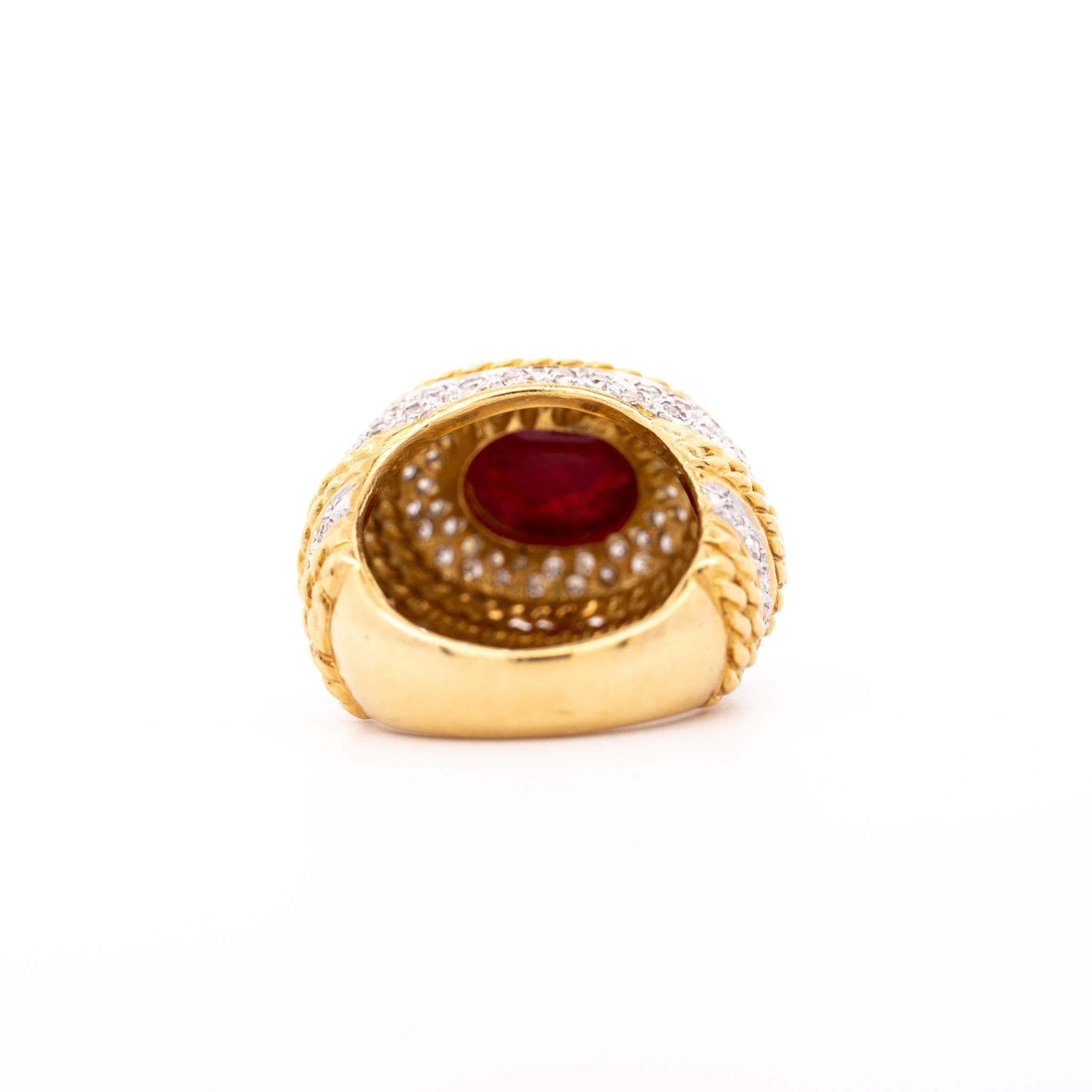 Vintage 5 Carat Cabochon Ruby, Diamond and 18K Gold Retro Bezel Rope Style Ring
