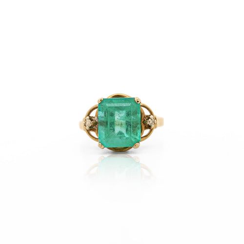 Vintage 5 Carat Emerald Square Cut Openwork 14K Gold Solitaire Ring