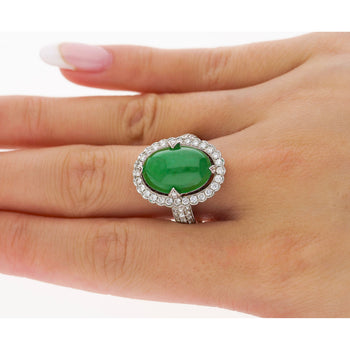 Vintage 7.29 Carat Jadeite Jade "A" Ring with Round Cut Diamond Halo & 18K Milgrain Finish – Assay Jewelers