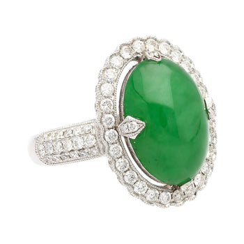 Vintage 7.29 Carat Jadeite Jade "A" Ring with Round Cut Diamond Halo & 18K Milgrain Finish – Assay Jewelers
