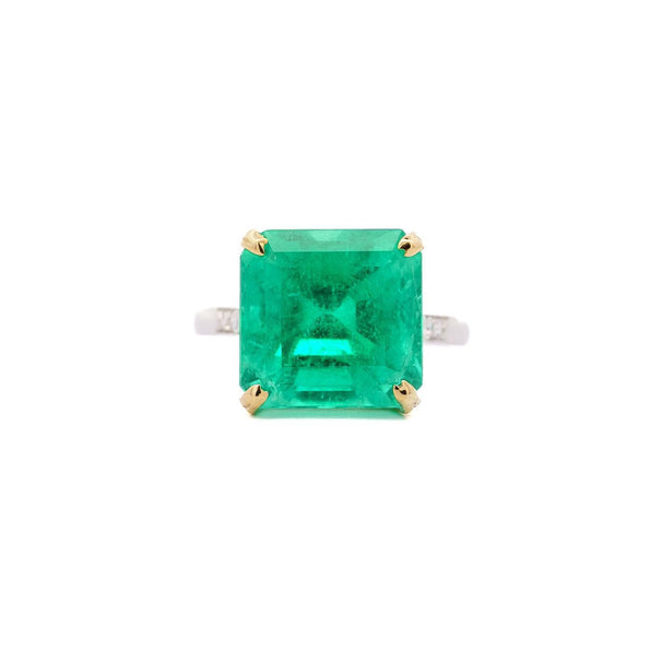 Vintage AGL Certified 11.28 Carat Colombian Emerald & Old Euro Cut Diamond Ring