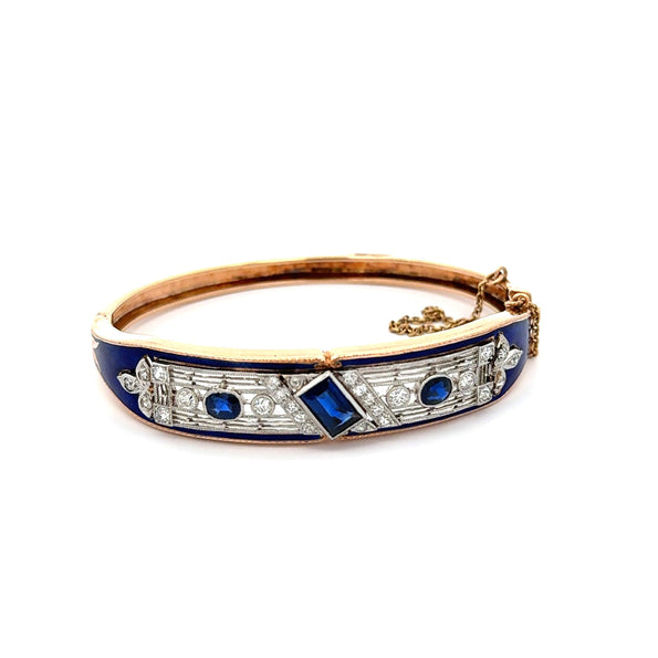 Bracelet jonc Anciens Art déco en saphir bleu, diamants et émail de succession