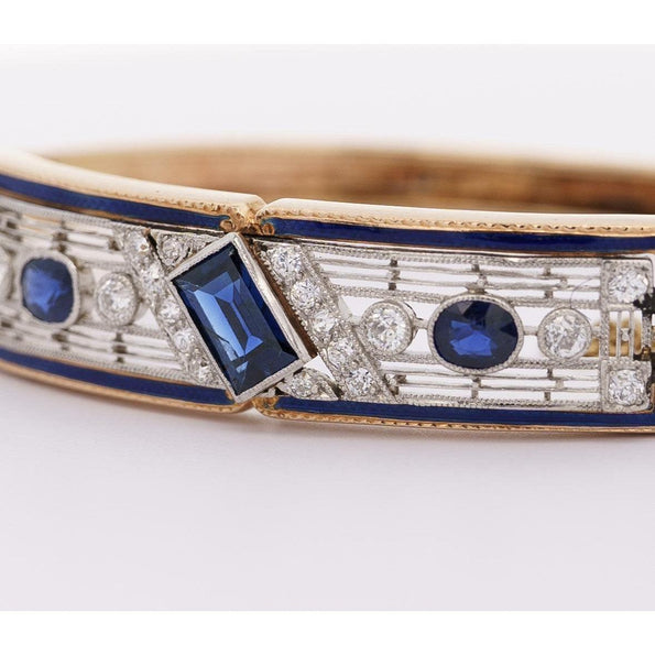Bracelet jonc Anciens Art déco de collection en saphir bleu, diamants et émail