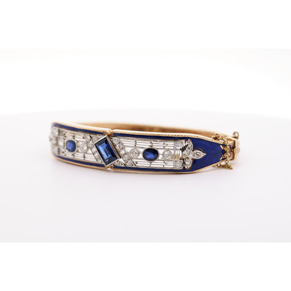 Bracelet jonc Anciens Art déco de succession en saphir bleu, diamant et émail
