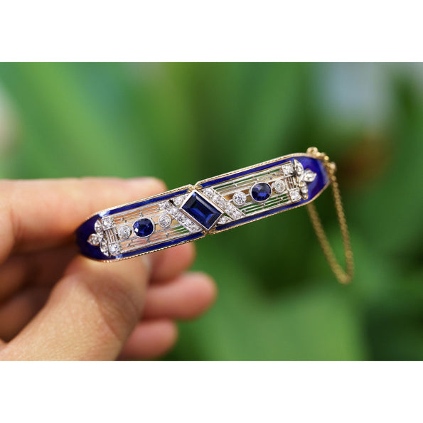 Bracelet jonc Anciens Art déco en saphir bleu, diamant et émail
