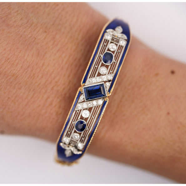 Bracelet jonc Art déco Anciens en saphir bleu, diamant et émail