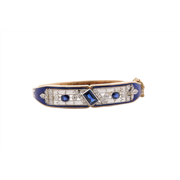 Bracelet jonc Anciens Art déco de collection en saphir bleu, diamants et émail