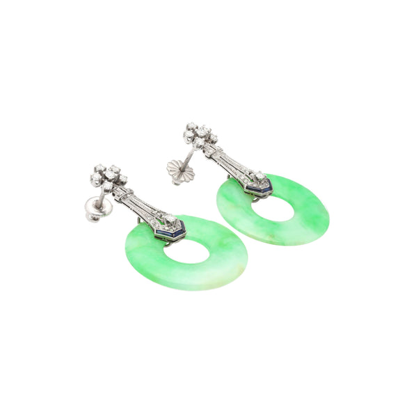 Boucles d’oreilles pendantes Anciens Art déco en jadeite, diamant et saphir en or 14K
