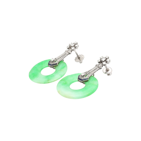 Boucles d’oreilles pendantes Art déco Anciens en jadeite jade, diamants et saphirs, en or 14K