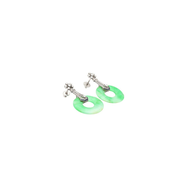 Boucles d’oreilles pendantes Anciens Art déco en jadéite, diamant et saphir en or 14K