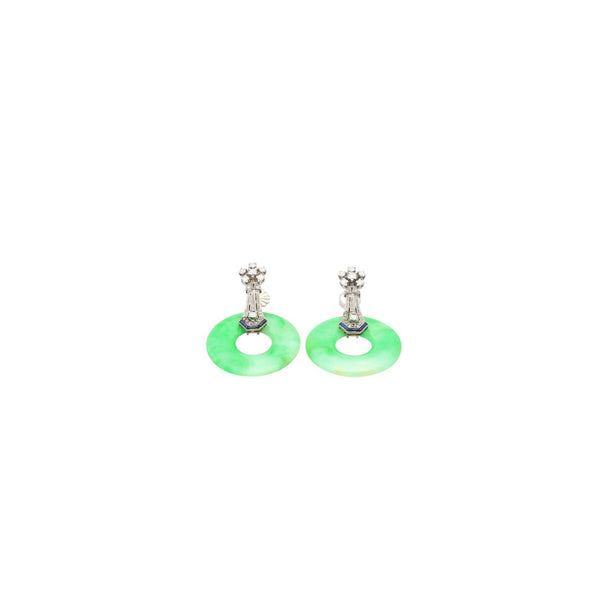 Boucles d’oreilles pendantes Anciens Art déco en jadéite, diamants et saphirs, en or 14K