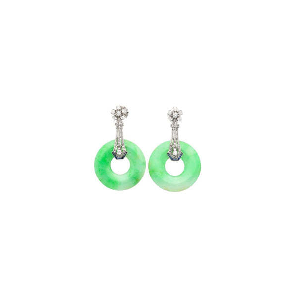 Boucles d’oreilles pendantes Art déco Anciens en jadeite, diamant et saphir, en or 14K