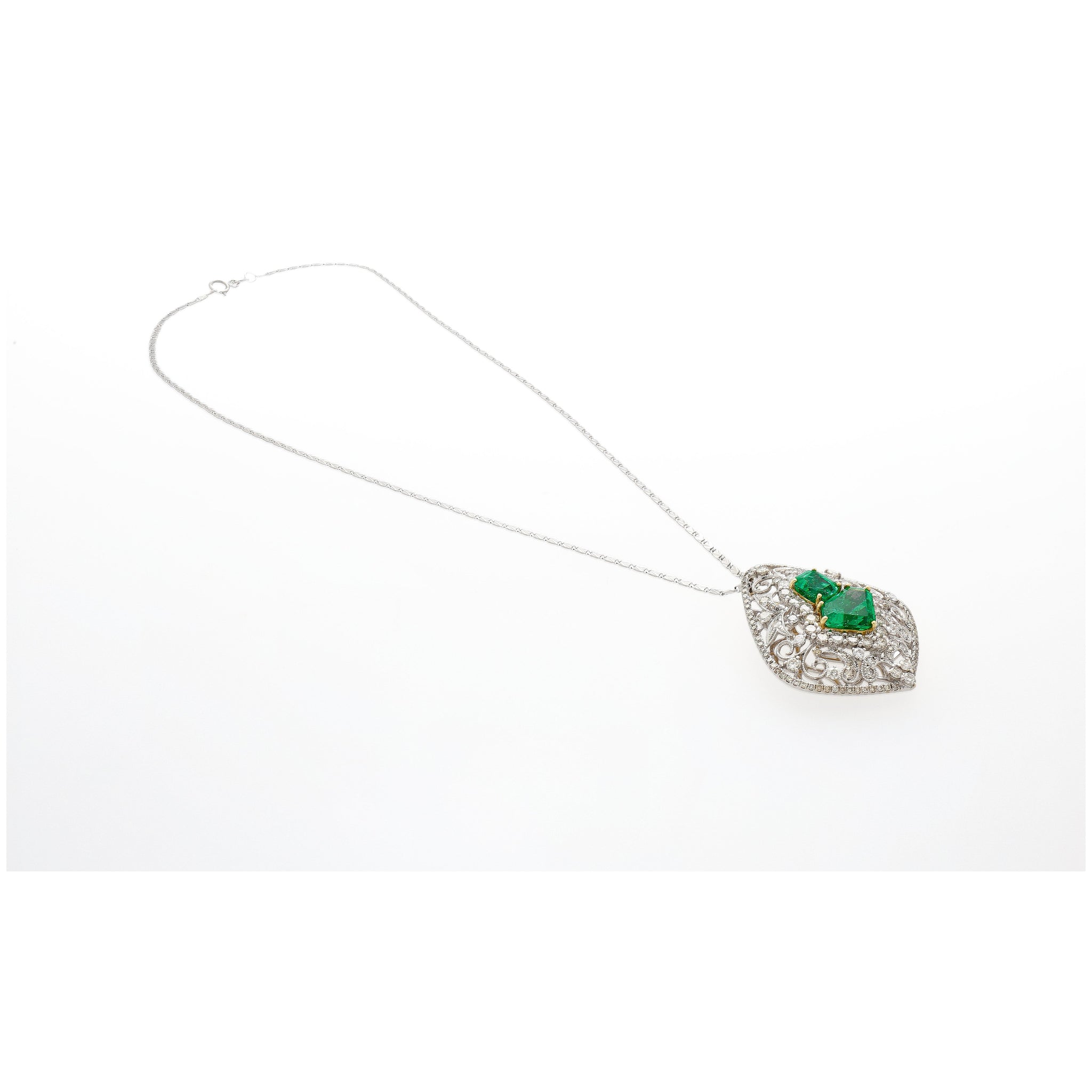 Vintage Art Nouveau Style Carved 18K White Gold Pendant Necklace With Shield Cut Emerald and Diamond Side Stones