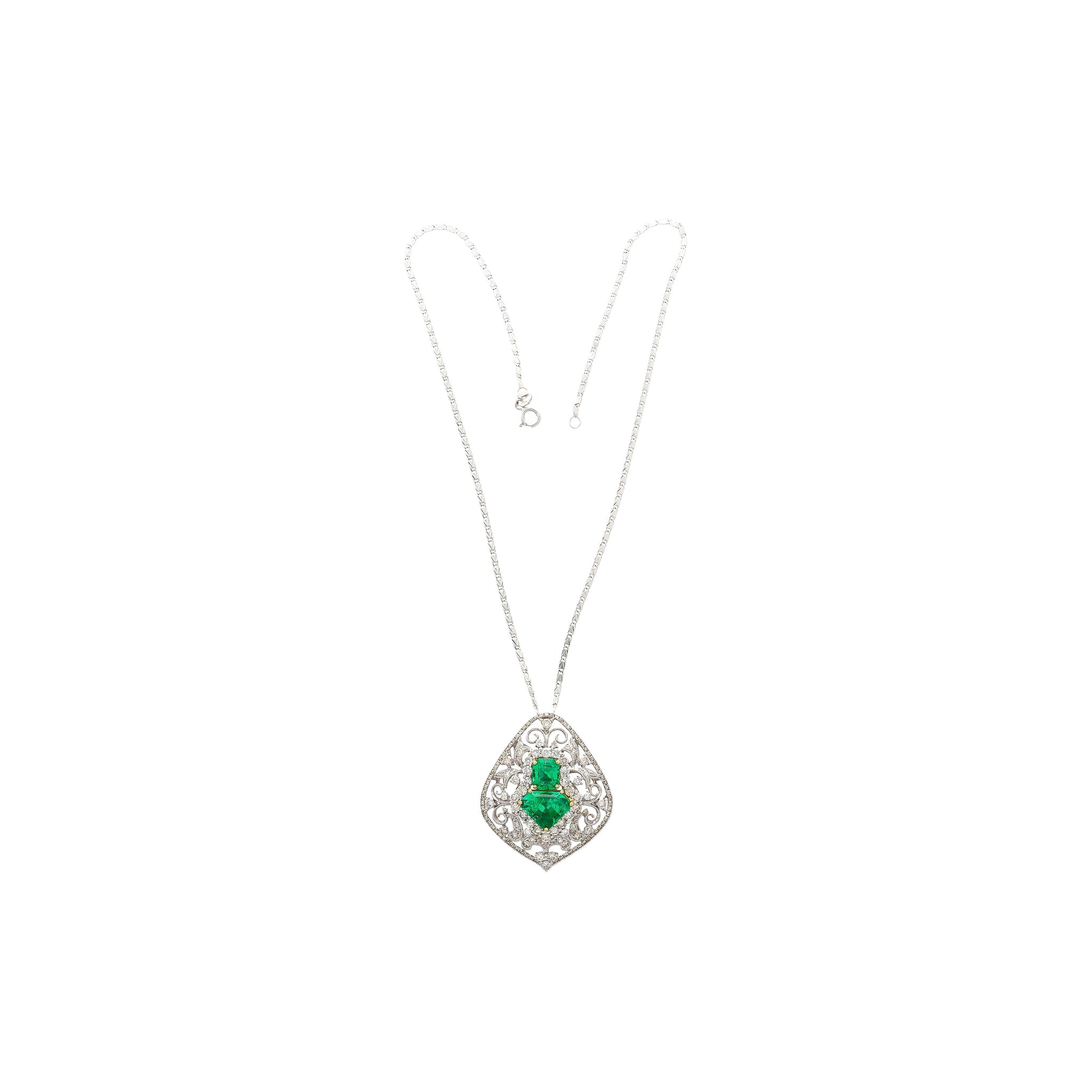 Vintage Art Nouveau Style Carved 18K White Gold Pendant Necklace With Shield Cut Emerald and Diamond Side Stones