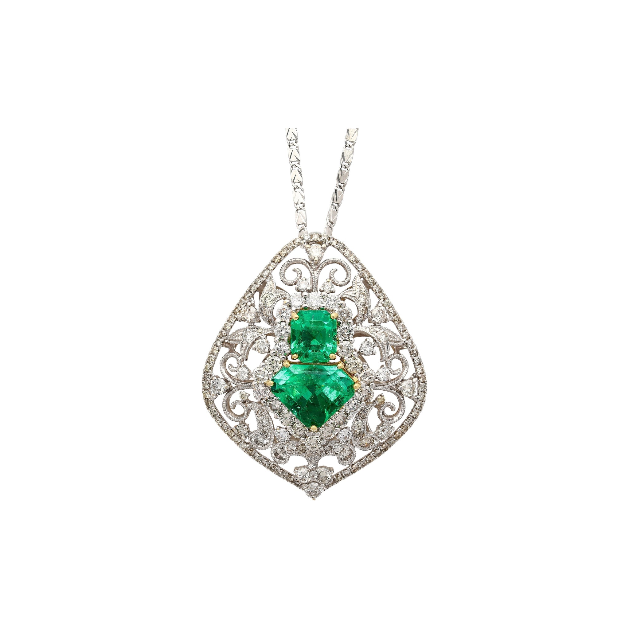 Vintage Art Nouveau Style Carved 18K White Gold Pendant Necklace With Shield Cut Emerald and Diamond Side Stones
