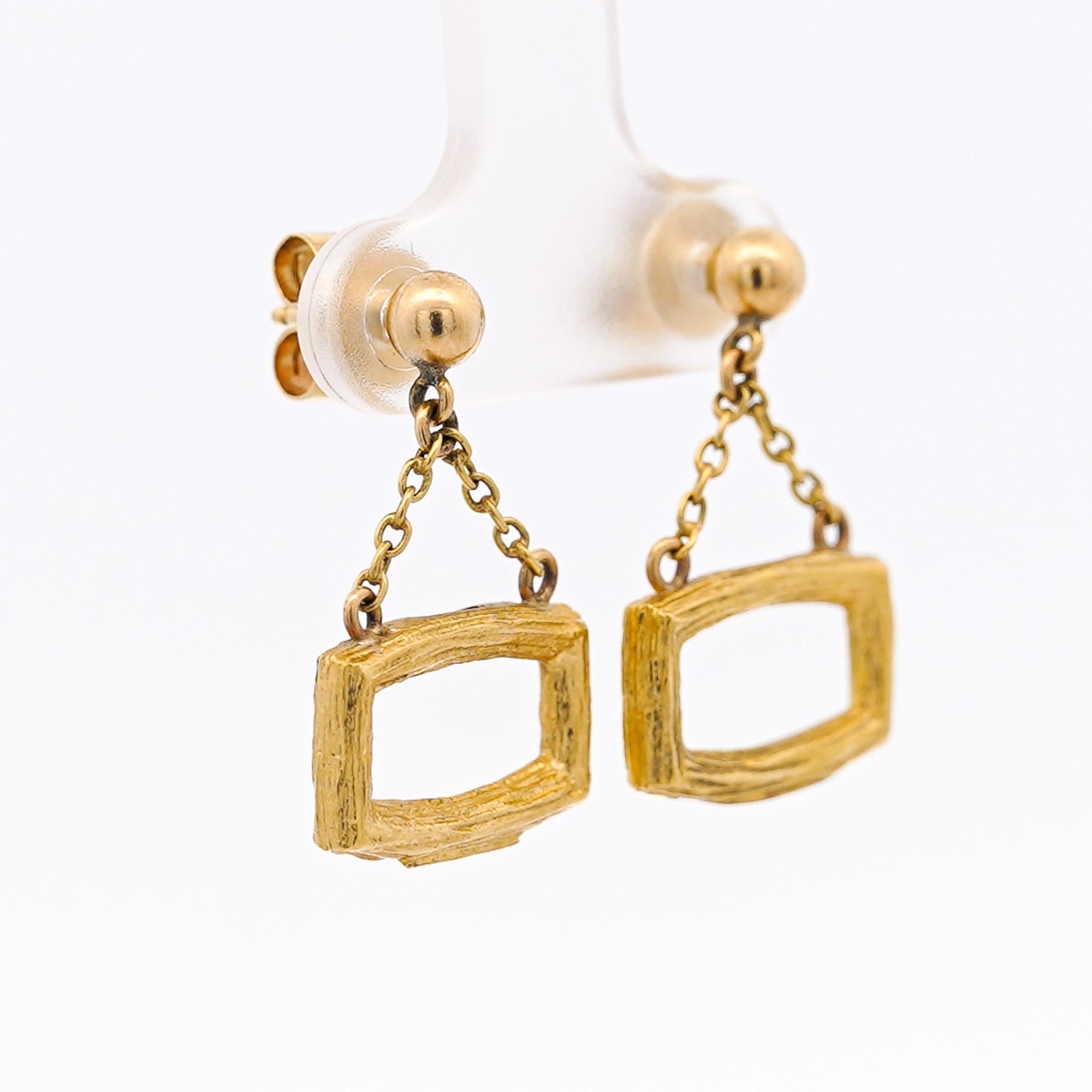 Vintage Bucherer 18K Yellow Gold Brushed Finish Dangle Earrings