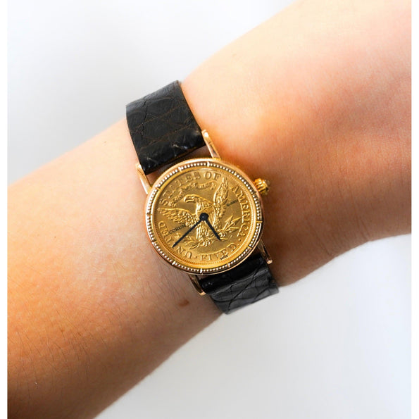 Vintage Corum 1899 5-Dollar USA Gold Coin Watch Face in Original Box with Crocodile Strap