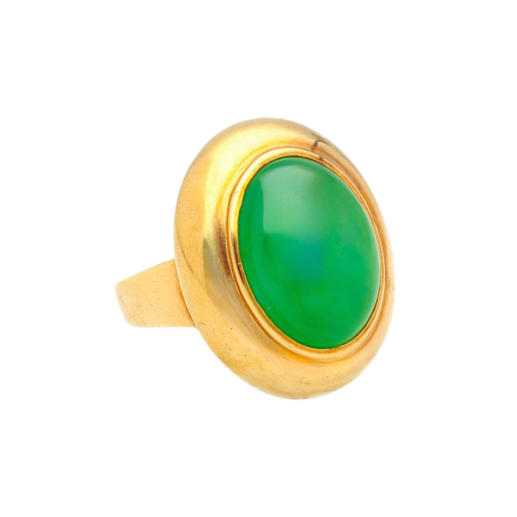 Vintage Grade A Jadeite Jade Gump's San Francisco Bezel Set Ring in 18K Gold