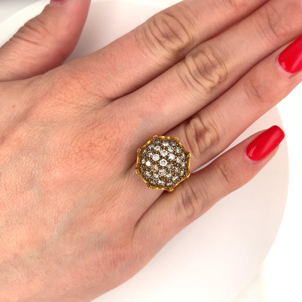 Anciens Retro Bague 22K en or jaune sculpté, grappe de diamants ronde façon boules