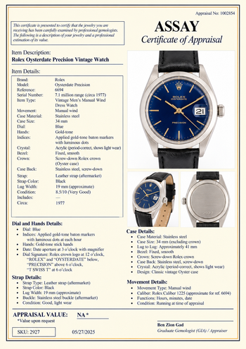 Vintage Rolex Oysterdate Precision 6694 Blue Dial Steel 1977 Leather Strap Watch – Assay Jewelers