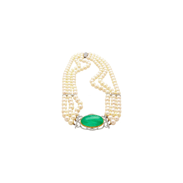 Vintage Victorian Style Cabochon Emerald And 3-Strand Pearl Choker Necklace
