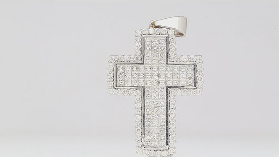 4.52 Carat Princess & Round Diamond 18K White Gold Pave Cross Pendant Necklace