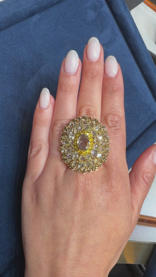 Vintage 22 Carat Multi-Color Rose Cut & Round Diamond Cluster 18K Gold Dome Ring