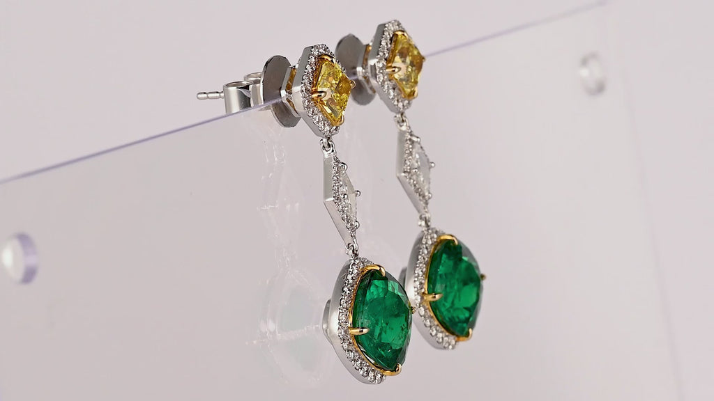 Certified 11.69 Carat Colombian Emerald & Yellow Diamond Drop Earrings