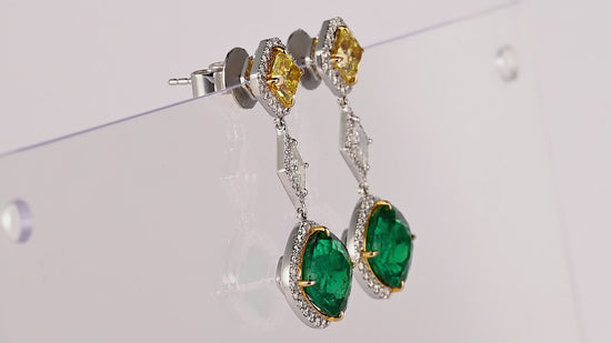 Certified 11.69 Carat Colombian Emerald & Yellow Diamond Drop Earrings