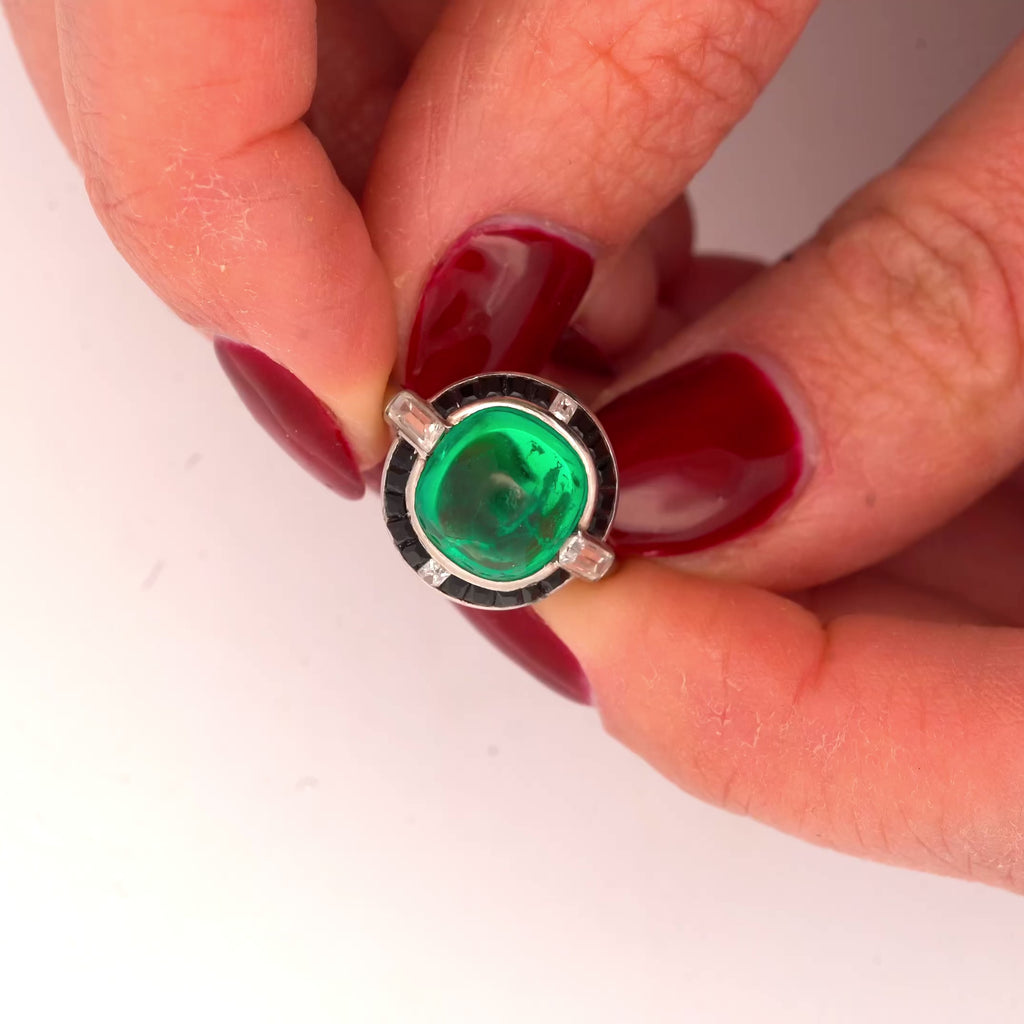 Cartier Signed Art Deco Colombian Emerald Onyx & Diamond Platinum Ring