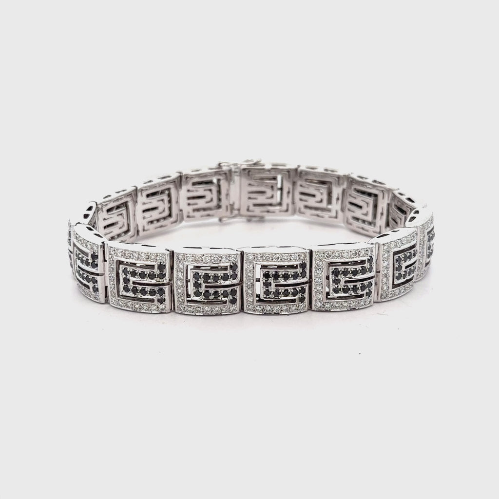 5.75 Carat Black & White Diamond in 18K White Gold Greek Key Bracelet
