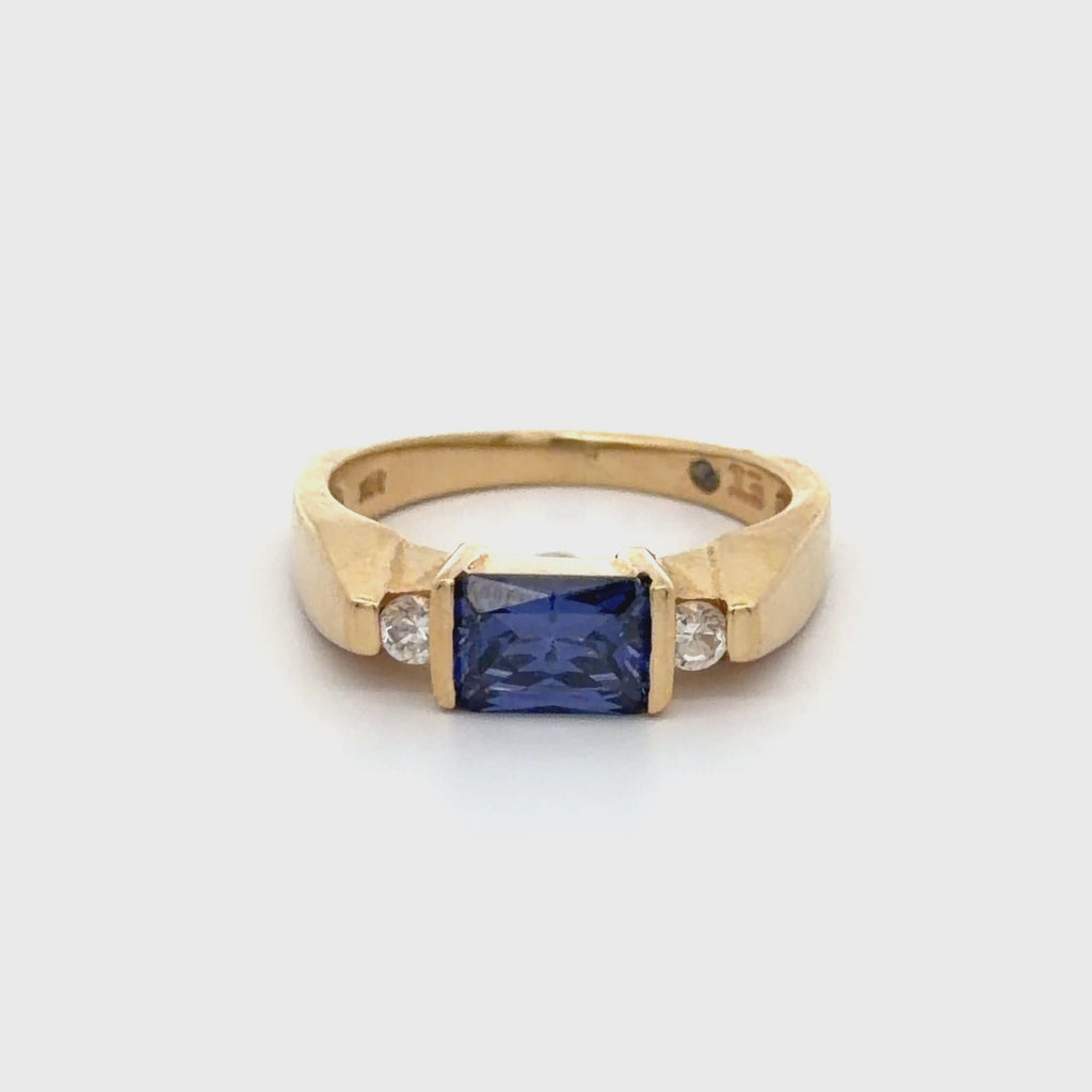 1.50 Carat Radiant Cut Tanzanite & Diamond Accents 14K Yellow Gold Bar Set Ring