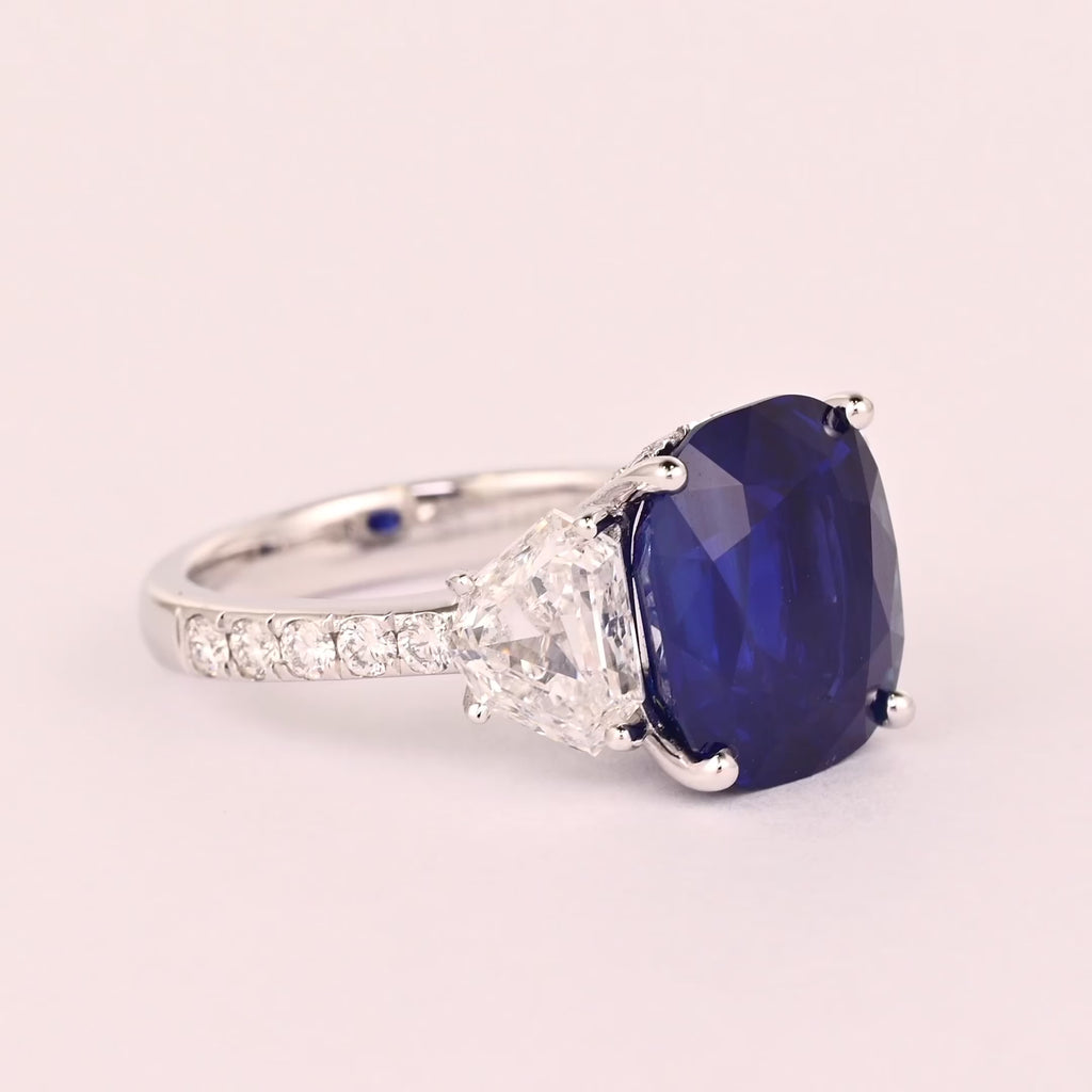 7.77 Carat Royal Blue Sapphire Ceylon No Heat Cushion Cut and Diamond Ring