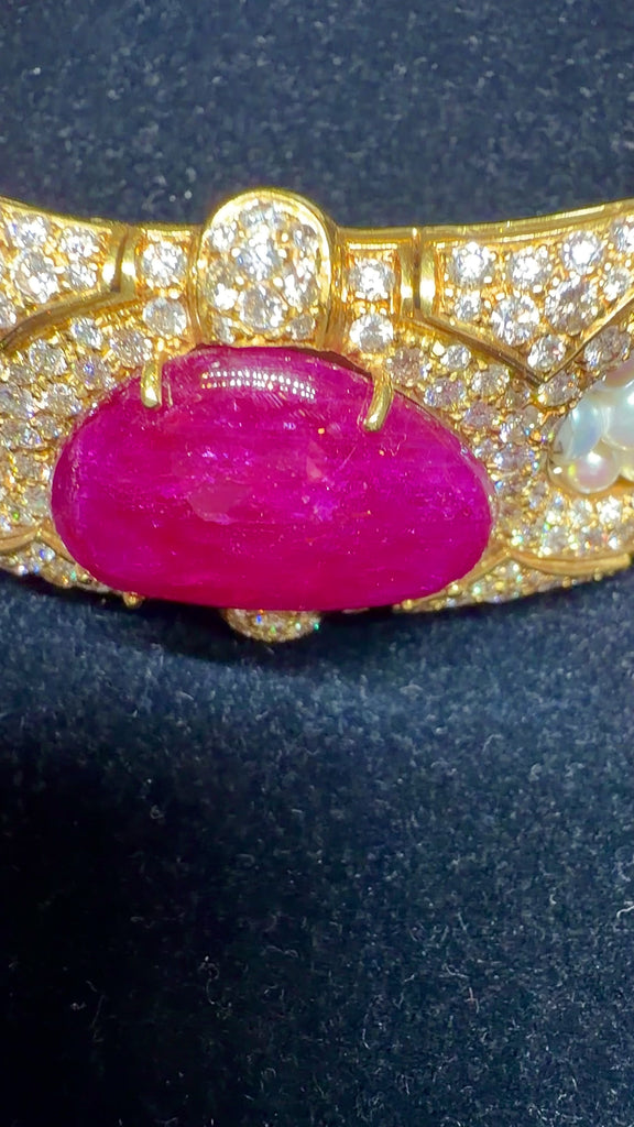 Vintage 45 Carat No Heat Ruby, Diamond, and Pearl Cuff Choker Necklace