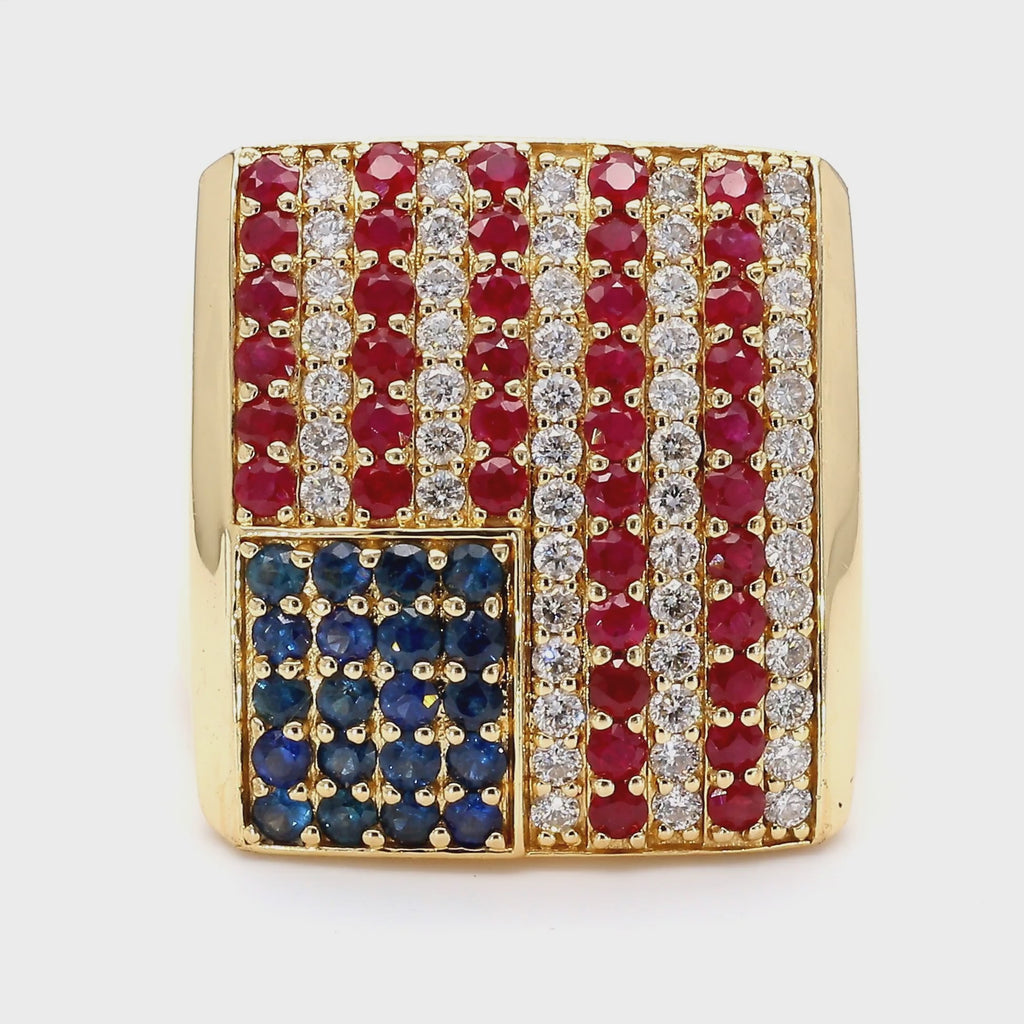 Ruby Sapphire & Diamond USA Flag 14K Gold Mens 4th of July Signet Ring