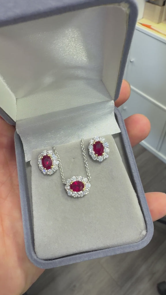 GIA Certified 2.3 Carat Oval Ruby & Round Diamond Halo 18K Stud Earrings